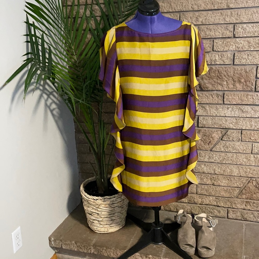Michael Kors Womens 12 New Striped Gold Purple Ruffle Mini Shift Dress Party
